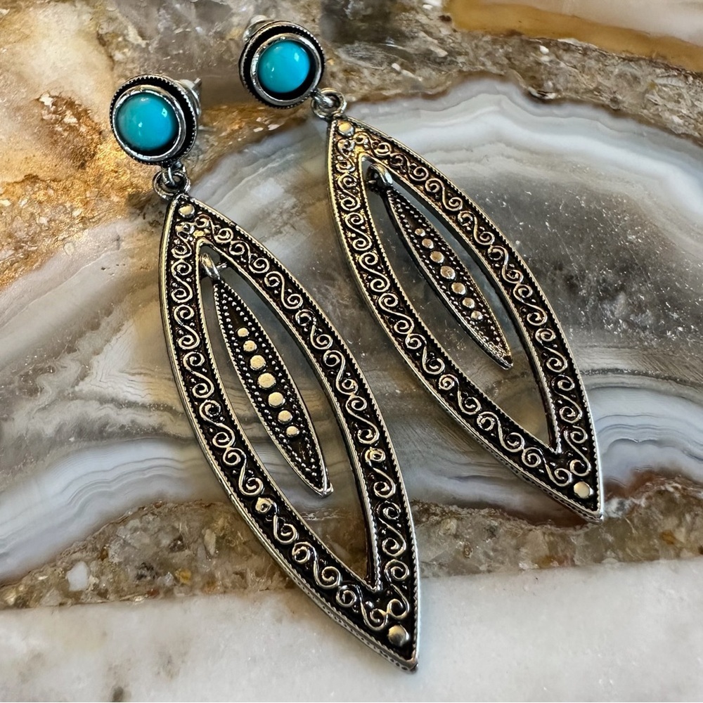3176 Turquoise Colored Stone and Silver Bohemian Earrings